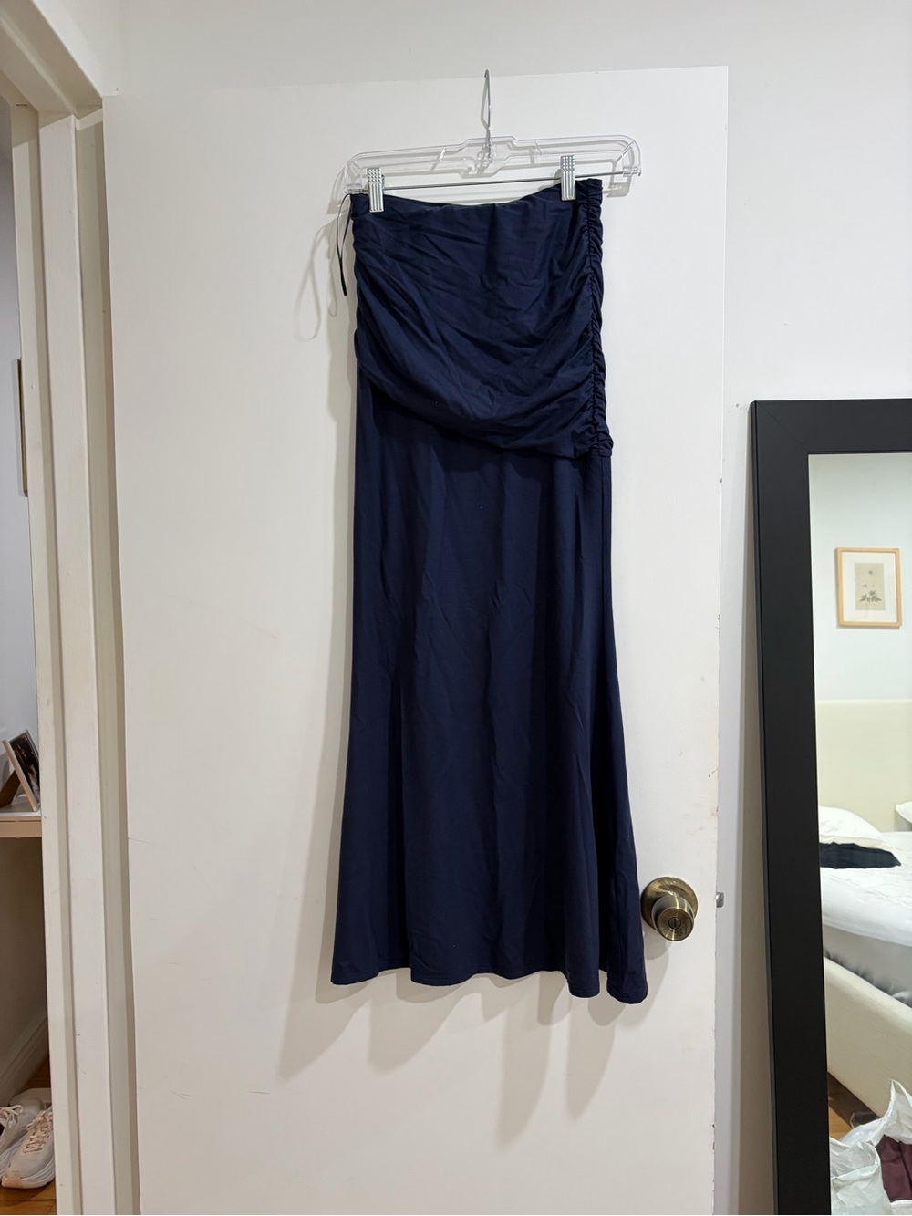 Reformation Navy Side-Ruched Maxi Skirt